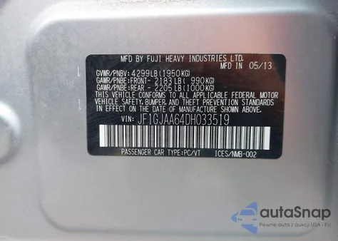 2013 Subaru Impreza 2.0I из США, поврежденный, VIN JF1GJAA64DH033519